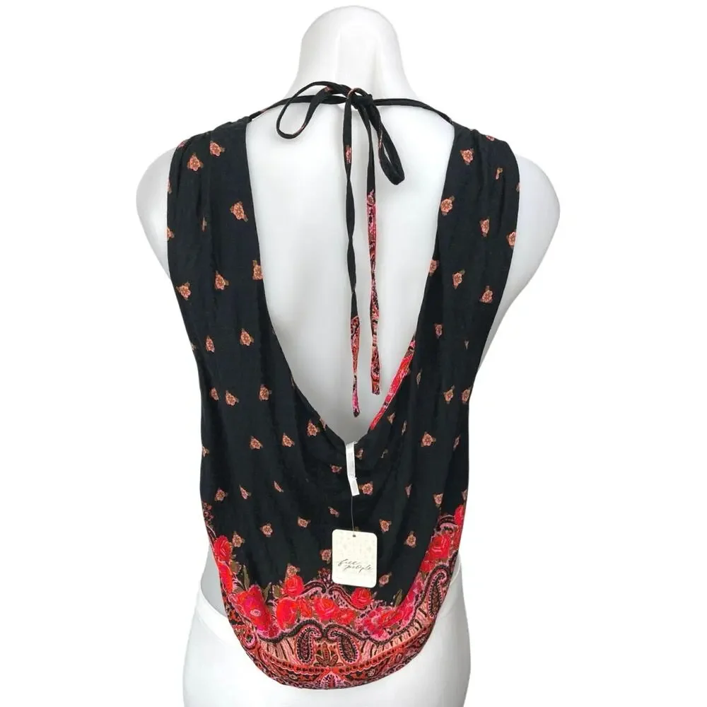 NEW Free People Silas Women's Black Red Floral Paisley Cowl Neck Tank Top Sz XS